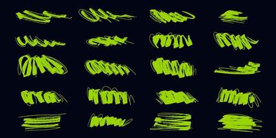 Collection of Grunge Marker Lines in Neon Green on a Dark Background. Perfect for edgy designs, artistic projects, and textured backgrounds vector