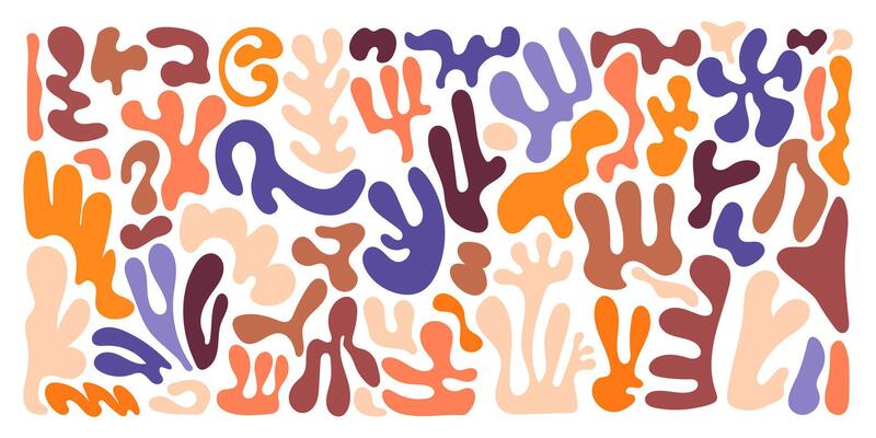 Retro Doodle Abstract Shapes in Matisse Style Isolated on White Background. Background with fluid doodle shapes. Organic random and geometric forms of flowers.