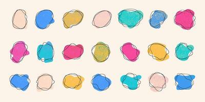 Retro multicolored liquid organic blobs. Blots with vibrant colors and grunge texture. Abstract and simple figures. Irregular dynamic shapes. Modern asymmetric spots vector