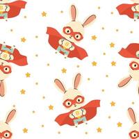 Seamless pattern in a simple childish style. Cute rabbit superhero and stars vector