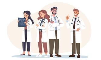 Flat illustration in a simple style. Kind doctors standing and smiling, a group of medics vector