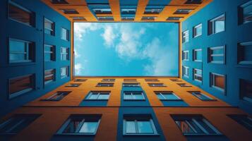 A stunning view of blue sky framed by vibrant orange and blue walls of building, creating striking contrast. perspective from below emphasizes architectural design and openness above photo