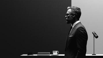 stylish man in tailored suit stands in minimalist studio, exuding confidence and sophistication. contrasting black and white background enhances modern aesthetic photo