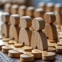 Wooden figures stand on puzzle piece background, symbolizing teamwork and collaboration. warm tones evoke sense of unity and connection among individuals photo