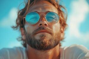 man with beard and sunglasses gazes confidently at camera against bright blue sky. His relaxed expression and stylish eyewear convey sense of coolness and tranquility photo