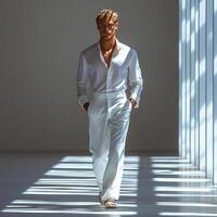 male model walks confidently on plain white catwalk, dressed in stylish white outfit. sunlight creates striking shadows, enhancing modern and elegant atmosphere photo