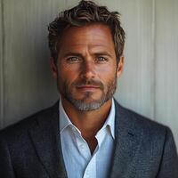 confident man with well groomed beard and stylish hair, dressed in smart suit, exudes sense of professionalism and charm. His piercing blue eyes reflect determination and warmth photo