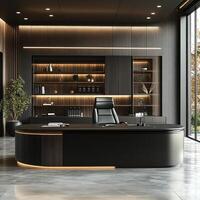 modern office desk viewed from front, featuring sleek lines and elegant design. space is illuminated with warm lighting, creating sophisticated atmosphere photo