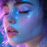 close up portrait of young woman with shimmering blue and purple glitter on her face, creating mesmerizing and ethereal effect. soft lighting enhances her features, evoking dreamy atmosphere photo
