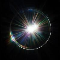 striking lens flare radiates vibrant colors and light, creating captivating visual effect against dark background. This graphic art style evokes sense of wonder and beauty photo
