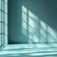 serene pastel blue studio with soft shadows cast by large windows, creating tranquil atmosphere. light enhances calmness of space, perfect for relaxation or creativity photo