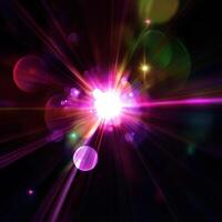 vibrant lens flare radiates colorful light in dark background, creating striking visual effect that captivates viewers attention. interplay of colors and brightness evokes sense of wonder and energy photo