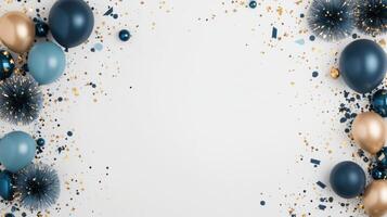 Celebrate in style with this festive arrangement of blue and gold balloons, sparkling confetti, and decorative elements. Perfect for invitations or party decorations photo