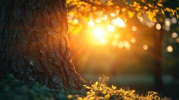 beautiful tree trunk illuminated by warm sunlight, surrounded by soft bokeh effects and vibrant green foliage, creating serene and peaceful atmosphere photo