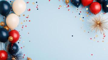 Celebrate with festive arrangement of colorful balloons, confetti, and sparkling decorations on light blue background, perfect for any joyful occasion photo