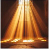 Golden sunlight streams through window, casting dramatic rays across dimly lit room. warm light creates serene and inviting atmosphere, highlighting beauty of natural illumination photo