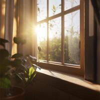 Sunlight shines into house from window, illuminating plants and creating warm, inviting atmosphere. gentle glow enhances serene ambiance of room photo