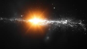 stunning cosmic scene featuring bright starburst illuminating galaxy filled with stars and cosmic dust. vibrant light contrasts beautifully against dark backdrop of space, evoking sense of wonder and photo
