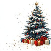 beautifully decorated Christmas tree adorned with ornaments and surrounded by colorful presents creates festive atmosphere. snow adds magical touch to this holiday scene photo