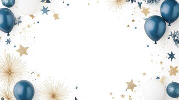 Celebrate in style with this festive background featuring blue and white balloons, gold stars, and sparkling decorations. Perfect for invitations or party announcements photo