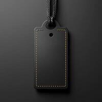Black price tag with textured surface and yellow stitching, suspended by rope on dark background, perfect for showcasing products or sales photo