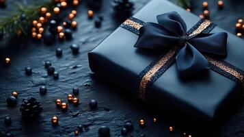 beautifully wrapped black gift box adorned with shiny bow sits on textured dark surface, surrounded by festive decorations like pine cones and sparkling beads, creating warm holiday atmosphere photo