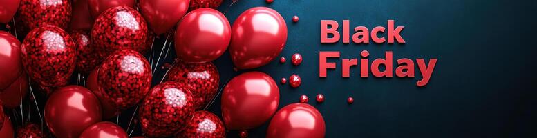 Bright red balloons on dark background create festive atmosphere for Black Friday promotions. vibrant colors and playful design evoke excitement and anticipation for shopping deals photo