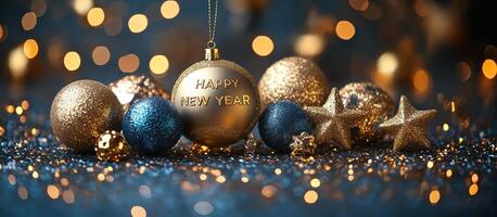 festive arrangement of golden and blue Christmas ornaments, including Happy New Year ball, surrounded by sparkling stars and glittering decorations, creating joyful holiday atmosphere photo