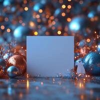 blank invitation mockup surrounded by festive decorations, including shiny blue and orange ornaments, twinkling lights, and cute ghost figure, creating cheerful atmosphere photo