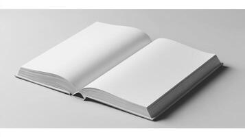 blank open book on gray background, showcasing its empty pages and realistic texture, perfect for creative designs and mockups photo