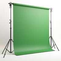 neatly folded green screen with portable stand, ideal for photography and production. This setup provides versatile backdrop for various creative projects photo