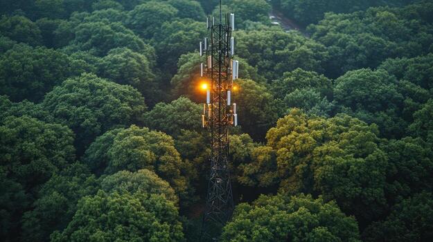 cell tower for mobile phones stands tall amidst lush green trees, illuminated by warm glow. This scene captures blend of technology and nature beautifully photo