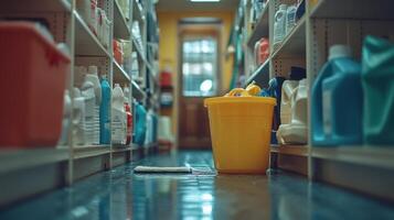 cleaning closet filled with various cleaning supplies, featuring yellow bucket and mop. organized shelves display range of colorful bottles, creating tidy and efficient space for cleaning tasks photo