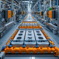 High quality photo of factory assembly line with robotic machinery, showcasing advanced technology and automation in production