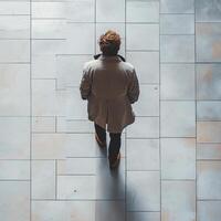 man walking on tiled floor, wearing coat and boots, viewed from above. scene captures sense of solitude and contemplation photo