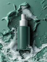 Moisturizing spray bottle surrounded by splashes of green liquid, creating refreshing and vibrant atmosphere. Ideal for skincare and beauty advertising photo