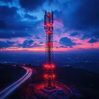 Telecommunication tower at dusk with glowing lights against vibrant sky. scene captures beauty of technology and nature, showcasing stunning sunset photo