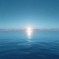 serene ocean view at sunrise, featuring calm waters and clear blue sky. sun rises gently over horizon, creating peaceful atmosphere photo