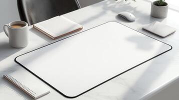 clean, modern workspace featuring white desk mat, coffee cup, notebook, and mouse. bright lighting creates serene atmosphere, perfect for productivity photo