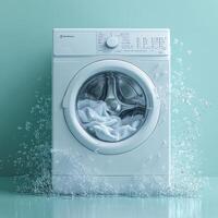 modern washing machine with water splashing and linen inside, set against mint green background, creates refreshing and clean atmosphere photo