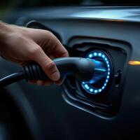 Charging electric vehicle with hand holding charging cable, showcasing modern technology and sustainability. illuminated charging port highlights importance of eco friendly transportation photo