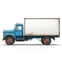 blue cargo truck with white box, showcasing vintage design and weathered texture, perfect for transportation or delivery themes photo