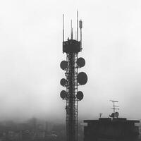 tall broadcast tower stands against foggy sky, surrounded by antennas and satellite dishes, symbolizing communication technology photo
