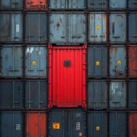 vibrant red shipping container stands out among grid of weathered grey containers, showcasing striking contrast in color and texture. scene evokes sense of industrial charm and uniqueness photo