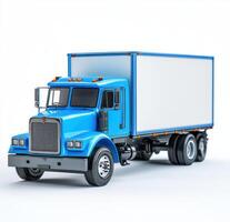 blue cargo truck with white box trailer, showcasing sleek design and detailed features, perfect for transportation and logistics photo