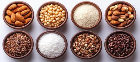 Nuts and seeds in bowls, including almonds, pecans, and coconut, create vibrant display of textures and colors, perfect for healthy snacking or baking photo