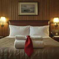 Luxurious hotel room featuring neatly made bed with white linens, two folded towels adorned with red tie, and warm lighting creating cozy atmosphere photo