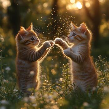 juguetón gatitos interactuando en iluminado por el sol prado, rodeado por flores, creando alegre y calentar atmósfera foto