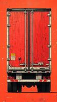 Red truck with wooden texture on bright orange background, showcasing detailed rear view. vibrant colors create striking visual impact photo