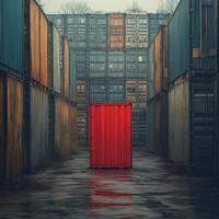 vibrant red shipping container stands out among many grey containers, creating striking contrast in storage yard. scene evokes sense of isolation and intrigue photo